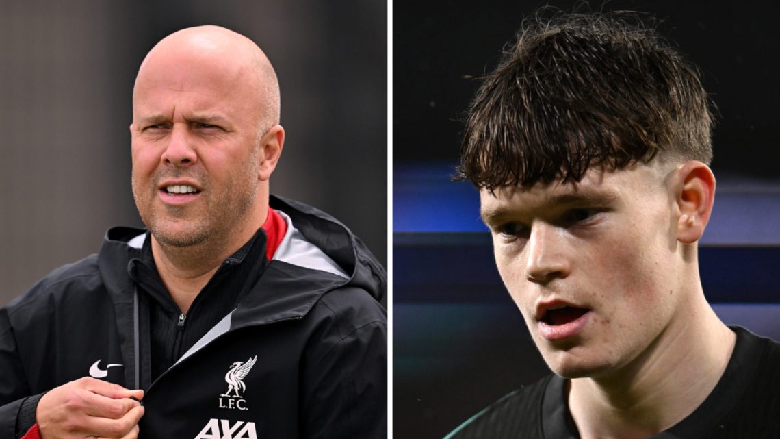 Liverpool head coach Arne Slot walks out to lead a training session at the AXA Training Centre. Liverpool midfielder James McConnell in action duri...