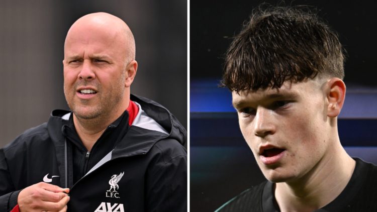 Liverpool head coach Arne Slot walks out to lead a training session at the AXA Training Centre. Liverpool midfielder James McConnell in action duri...