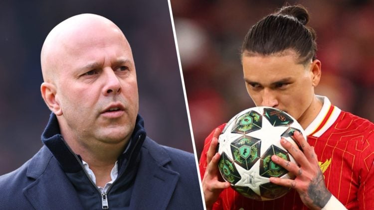 Left: Arne Slot pictured on the Liverpool touchline. Right: Darwin Nunez kissing the Champions League ball while playing for Liverpool.