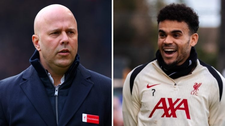 Left: Arne Slot pictured looking upset on the Liverpool touchline. Right: Luis Diaz laughing during a Liverpool training session.