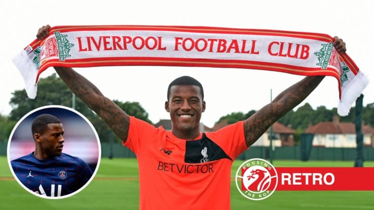 Georginio Wijnaldum of Liverpool after signing his contract at Melwood Training Ground. Gini Wijnaldum of Paris Saint-Germain looks on during warmu...