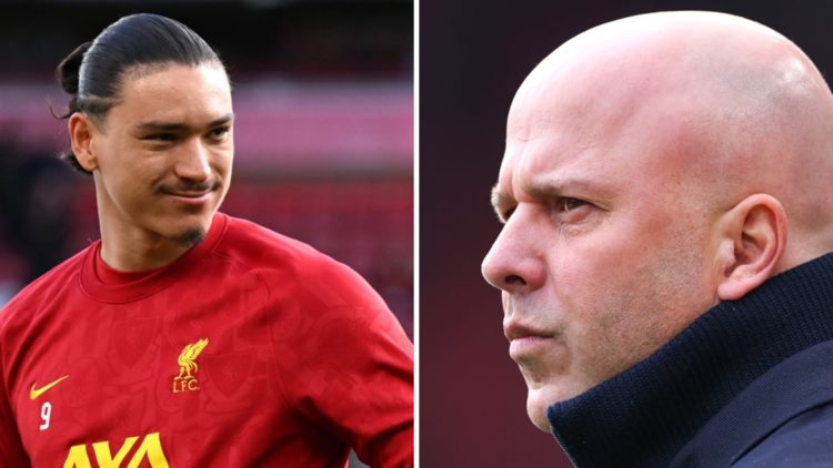 Left: Darwin Nunez picture smiling while warming up for Liverpool. Right: Arne Slot looking concentrated on the Liverpool touchline.