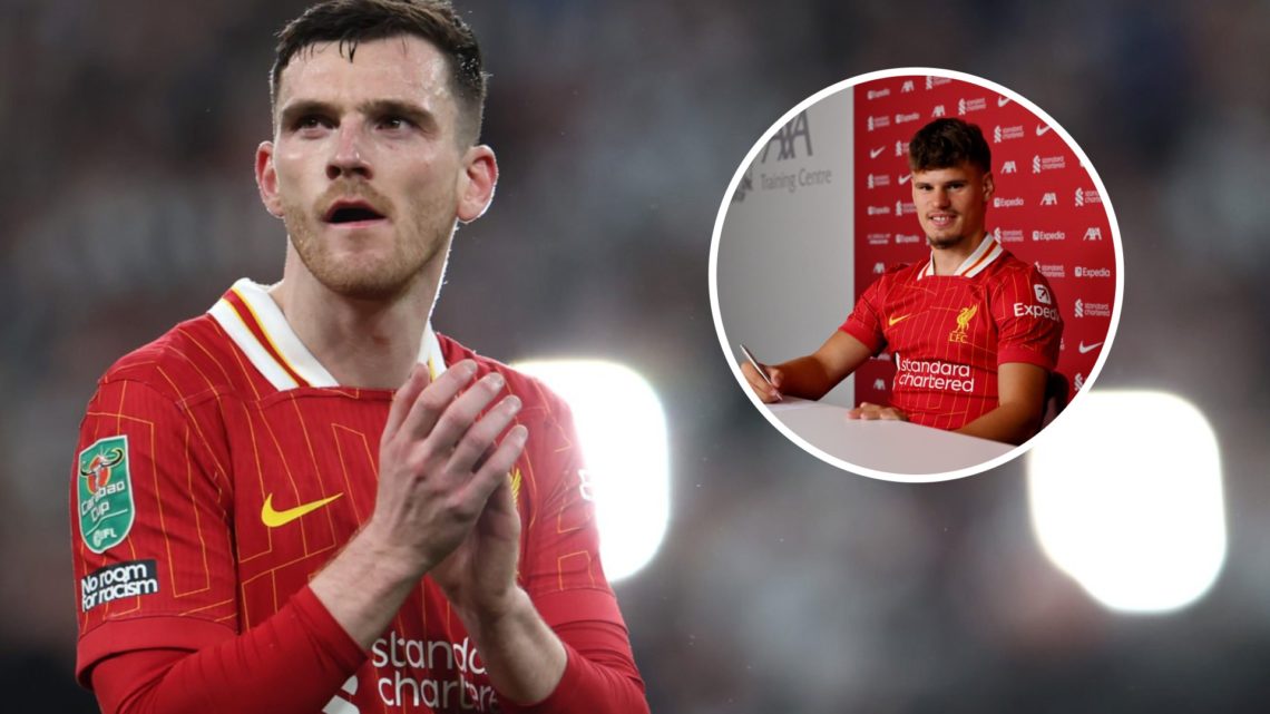 Andy Robertson applauds fans after Liverpool are beaten by Newcastle United in the 2025 Carabao Cup final at Wembley Stadium. Milos Kerkez smiles a...