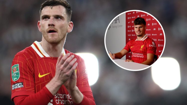 Andy Robertson applauds fans after Liverpool are beaten by Newcastle United in the 2025 Carabao Cup final at Wembley Stadium. Milos Kerkez smiles a...