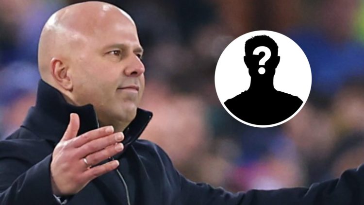 Main: Arne Slot on the Liverpool touchline shouting at his starting XI. Insert: Mystery Player
