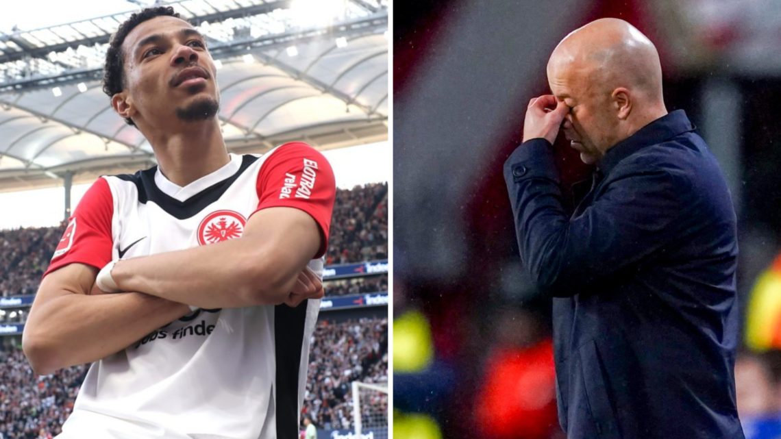 Left: Hugo Ekitike celebrating after scoring for Eintracht Frankfurt. Right: Arne Slot pictured covering his eyes with his hand on the Liverpool to...