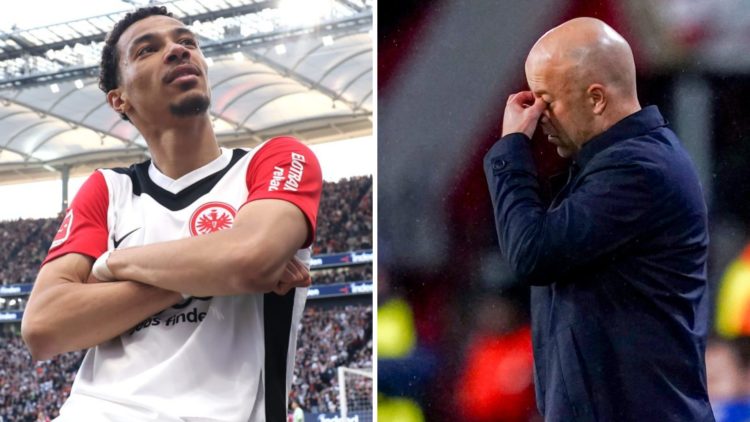 Left: Hugo Ekitike celebrating after scoring for Eintracht Frankfurt. Right: Arne Slot pictured covering his eyes with his hand on the Liverpool to...