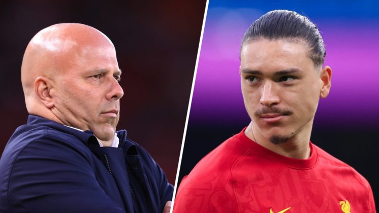 Left: Arne Slot looking unhappy on the Liverpool touchline. Right: Darwin Nunez in action for Liverpool during a Premier League game.