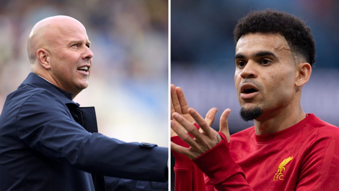 Left: Arne Slot shouting at his Liverpool team. Right: Luis Diaz clapping the Liverpool fans.