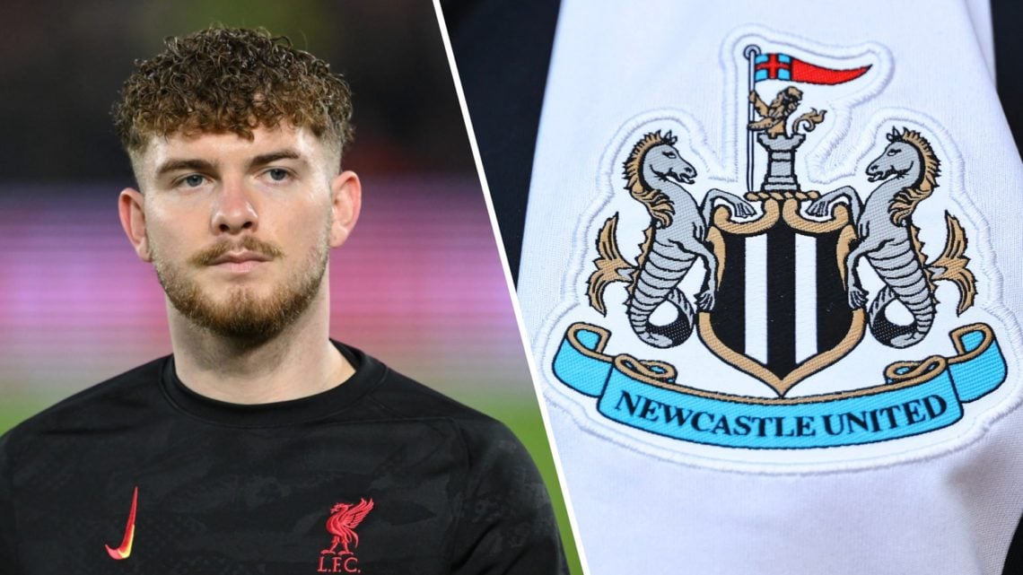 Harvey Elliott warms up ahead of Liverpool's Premier League match against Nottingham Forest at the City Ground. Newcastle United badge close-up on ...