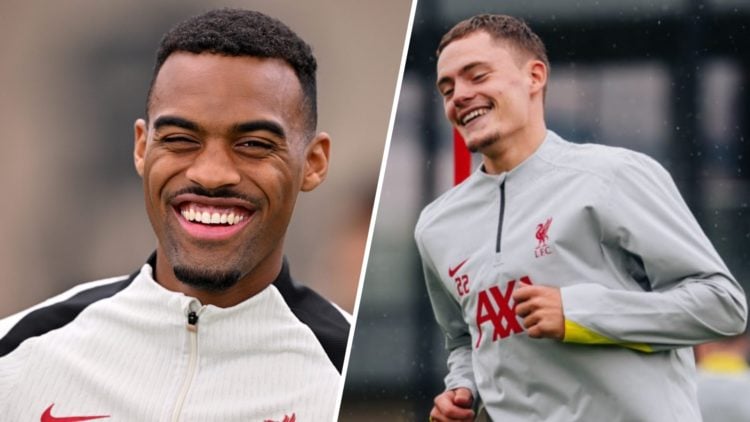 Florian Wirtz of Liverpool during a training session at AXA Training Centre. Ryan Gravenberch of Liverpool during a training session at AXA Trainin...
