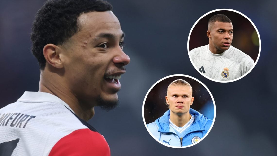 Hugo Ekitike smiles during a Bundesliga match between Eintracht Frankfurt and Wolfsburg. Erling Haaland looks on ahead of the Premier League match ...