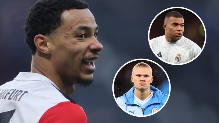 Hugo Ekitike smiles during a Bundesliga match between Eintracht Frankfurt and Wolfsburg. Erling Haaland looks on ahead of the Premier League match ...