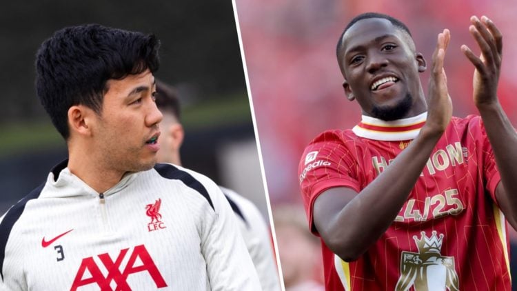 Left: Wataru Endo during a Liverpool training session. Right: Ibrahima Konate celebrating Liverpool's Premier League title win.