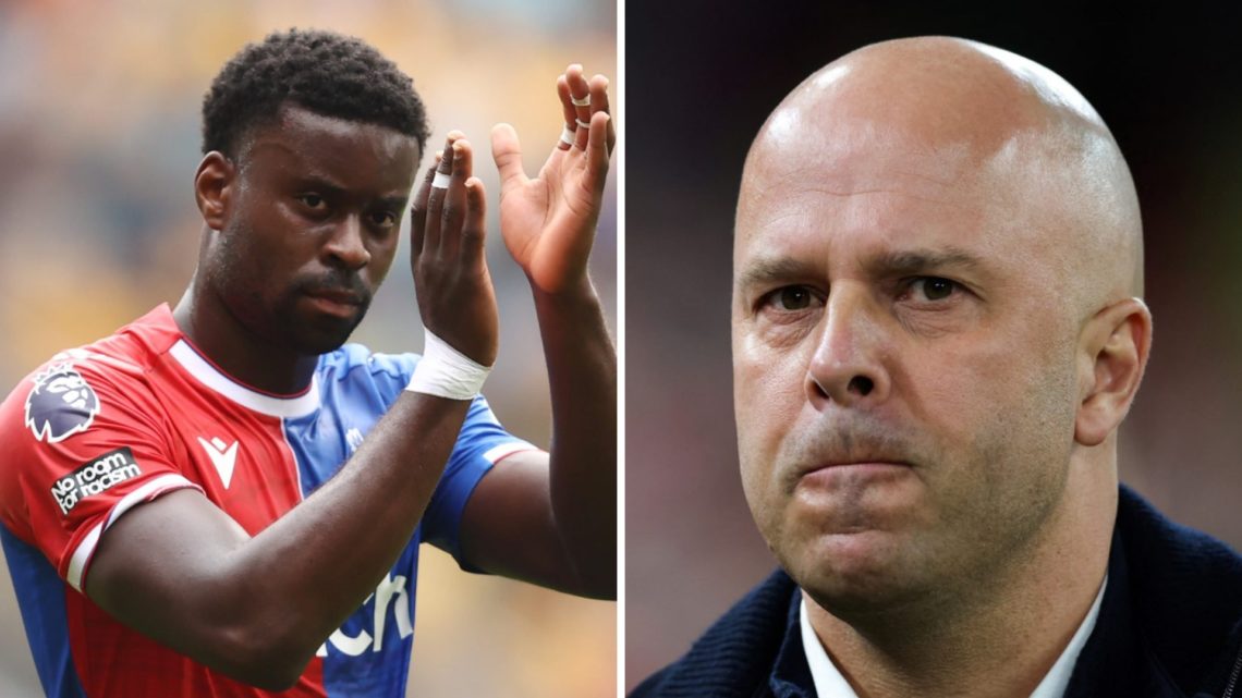 Left: Marc Guehi applauding the Crystal Palace fans. Right: Arne Slot looking unhappy on the Liverpool touchline.
