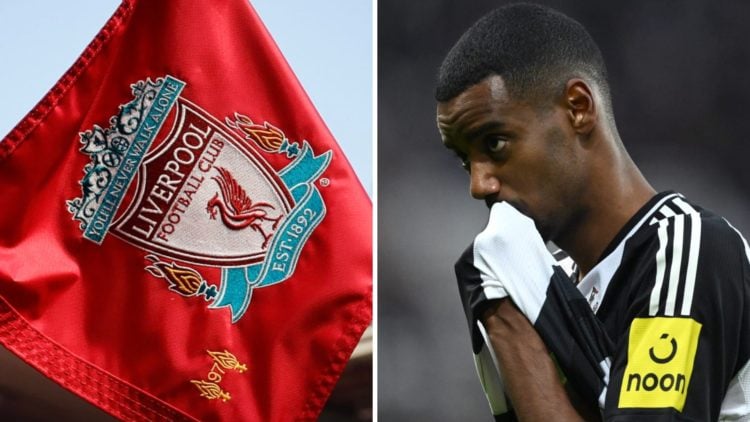 Liverpool corner flag flutters at Anfield ahead of a Premier League match against Wolverhampton Wanderers. Alexander Isak wipes his face with his s...