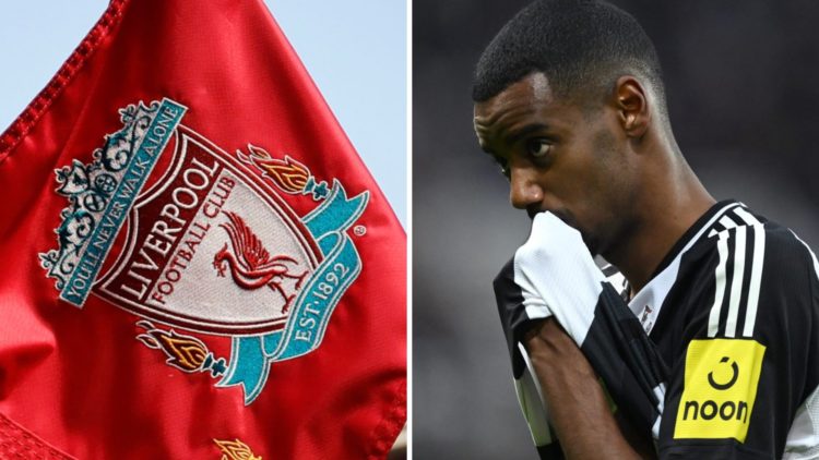 Liverpool corner flag flutters at Anfield ahead of a Premier League match against Wolverhampton Wanderers. Alexander Isak wipes his face with his s...
