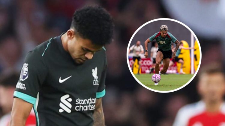 Luis Diaz looks down at the ground during a Premier League match between Liverpool and Arsenal at the Emirates Stadium. Luis Diaz in pre-season tra...