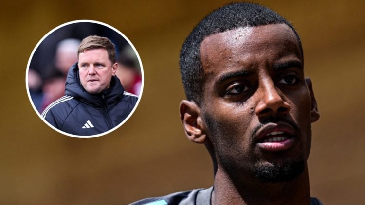 Alexander Isak arrives for a training session with Newcastle United. Newcastle United manager Eddie Howe looks on during a Premier League match aga...