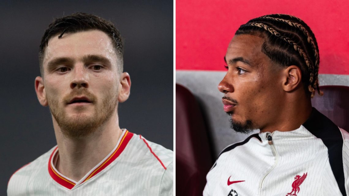 Andy Robertson in action for Liverpool during the Premier League match against Aston Villa at Villa Park. Hugo Ekitike sits and watches Liverpool's...