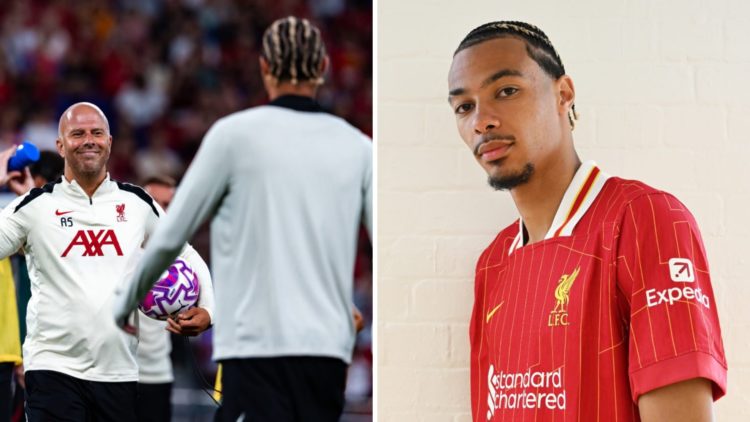 Arne Slot greets Hugo Ekitike as a new Liverpool signing as he walks out for an open training session at the Kai Tak Stadium in Hong Kong. Hugo Eki...