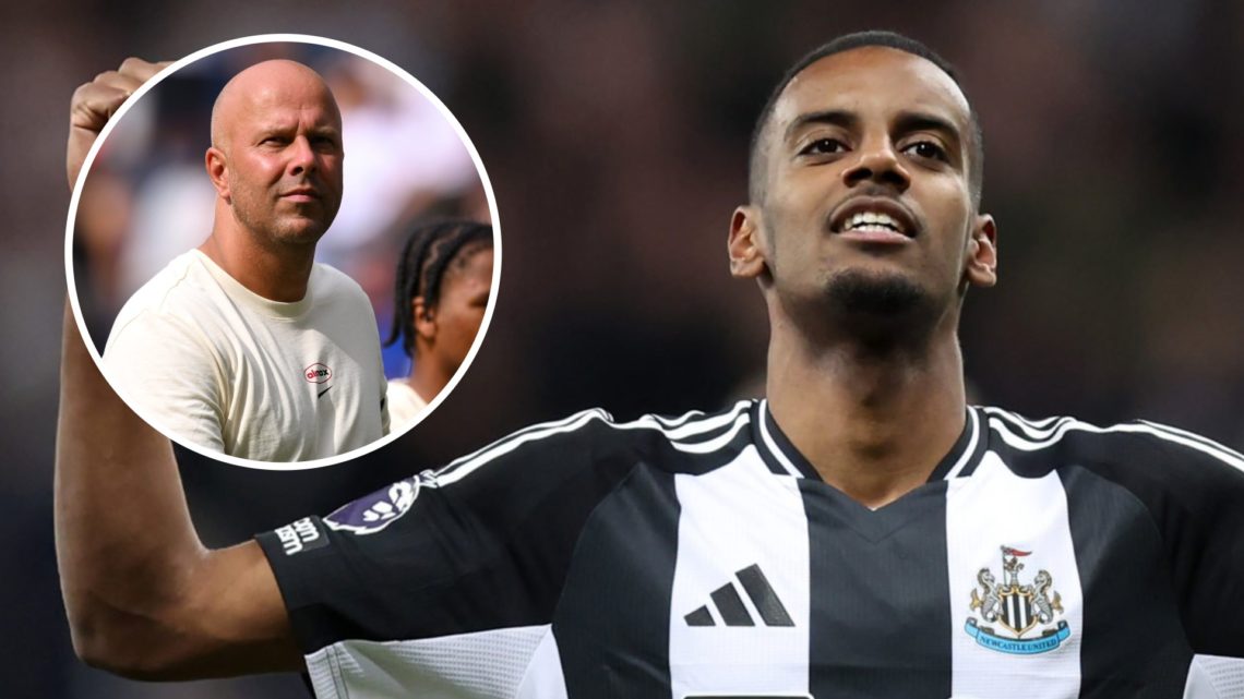 Alexander Isak celebrates after scoring for Newcastle United against Crystal Palace in the Premier League. Arne Slot looks on ahead of Liverpool's ...