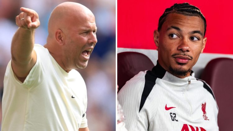 Arne Slot shouts at his Liverpool players during the pre-season friendly against Preston North End. Hugo Ekitike sits and watches as Liverpool trai...