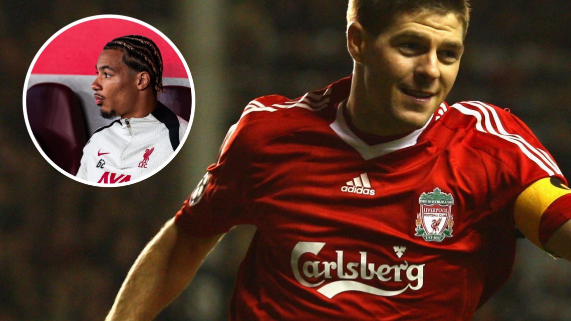 Steven Gerrard celebrates after scoring for Liverpool against Real Madrid in the UEFA Champions League at Anfield. Hugo Ekitike sits and watches Li...