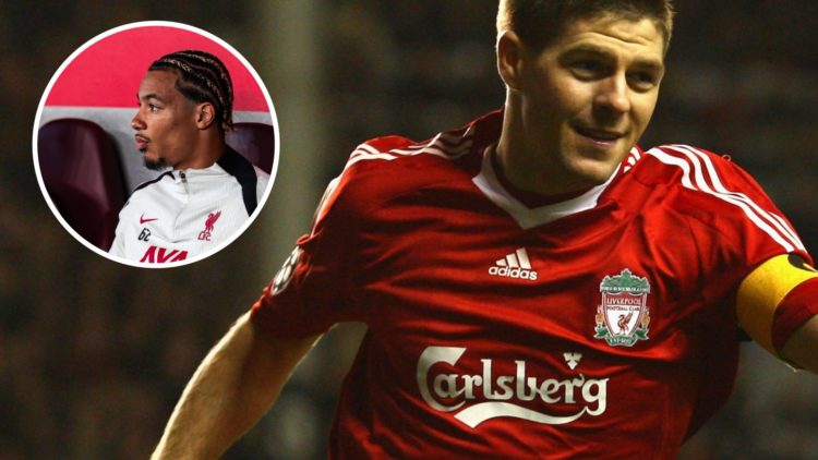 Steven Gerrard celebrates after scoring for Liverpool against Real Madrid in the UEFA Champions League at Anfield. Hugo Ekitike sits and watches Li...