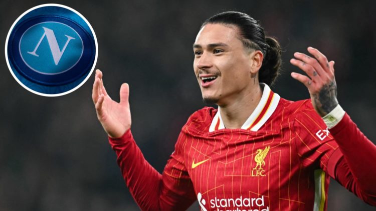 Liverpool's Uruguayan striker #09 Darwin Nunez reacts after his goal was ruled offside during the UEFA Champions League football match between Live...