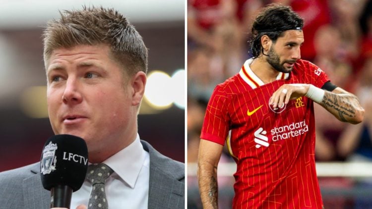 Neil Mellor on punditry for LFCTV during Liverpool against Nottingham Forest in the Premier League at Anfield. Dominik Szoboszlai celebrates after ...