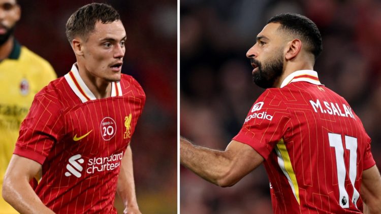Florian Wirtz in action for Liverpool against AC Milan in the pre-season friendly at Kai Tak Stadium, Hong Kong. Mohamed Salah celebrates after sco...