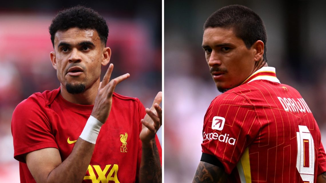 Luis Diaz applauds ahead of the Premier League match between Liverpool and Arsenal at Anfield. Darwin Nunez looks on during the pre-season friendly...