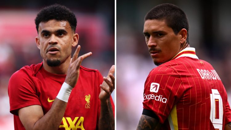 Luis Diaz applauds ahead of the Premier League match between Liverpool and Arsenal at Anfield. Darwin Nunez looks on during the pre-season friendly...