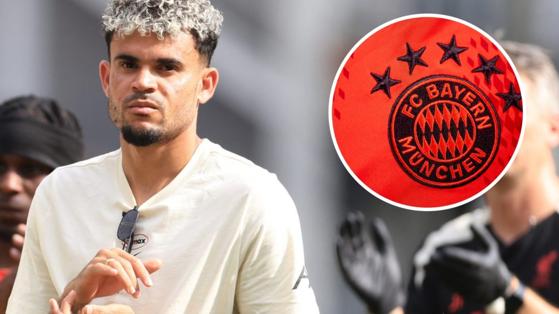 Luis Diaz applauds Liverpool fans after the pre-season friendly against Preston North End at Deepdale. Bayern Munich badge close-up as seen on the ...