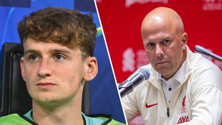 Tyler Morton watches on from the bench during Liverpool's UEFA Champions League match against AC Milan at San Siro. Arne Slot answers questions dur...