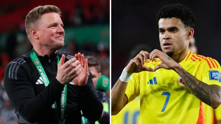 Left: Eddie Howe celebrating Newcastle's Carabao Cup win. Right: Luis Diaz celebrating after scoring for Colombia.