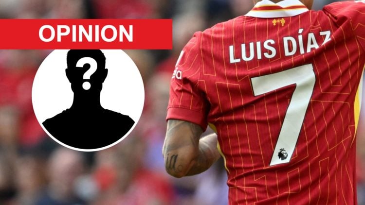 Luis Diaz clenches his first in celebration after scoring for Liverpool against Arsenal at Anfield. Mystery player silhouette with question mark.