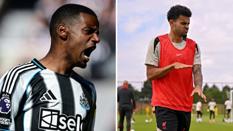 Alexander Isak shouts during Newcastle United's Premier League match against Everton at St James' Park. Luis Diaz pictured during a training sessio...