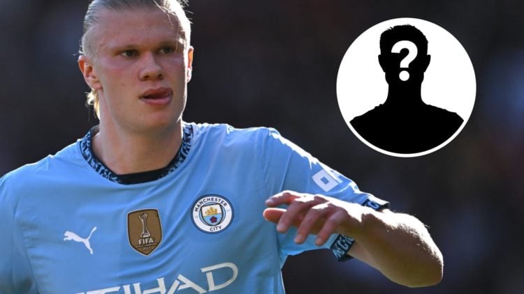 Erling Haaland in action for Manchester City against Bournemouth in the Premier League. Mystery player silhouette with question mark.