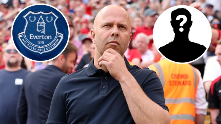 Arne Slot on the touchline during the Premier League match between Liverpool and Arsenal. Everton FC club badge prior to the Premier League match b...