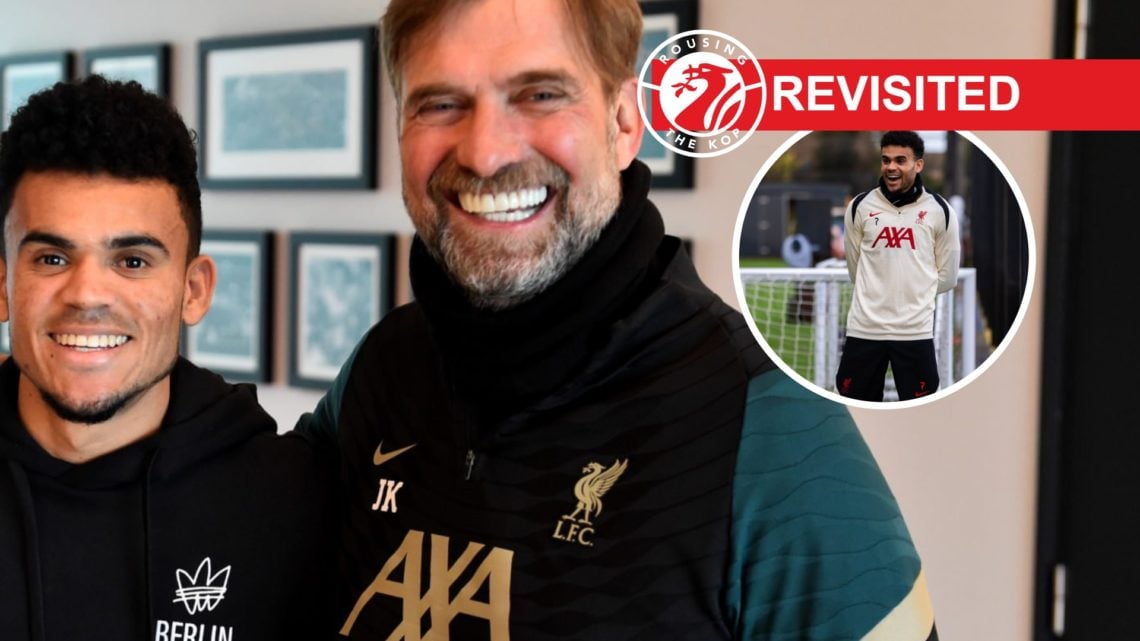 Jurgen Klopp poses and smiles with new Liverpool signing Luis Diaz. Luis Diaz smiles during a training session with Liverpool.