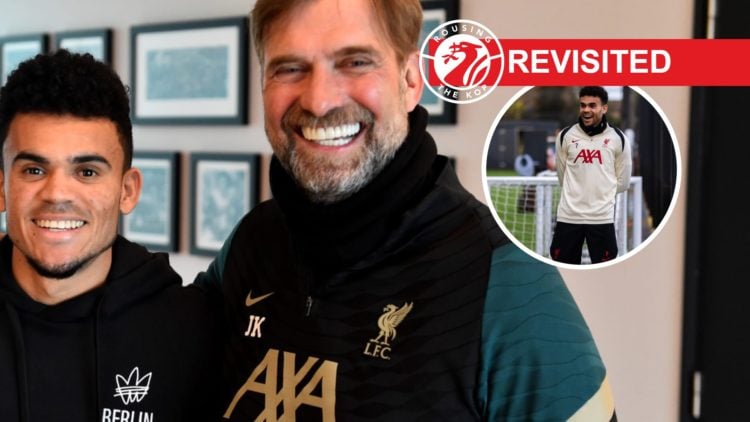 Jurgen Klopp poses and smiles with new Liverpool signing Luis Diaz. Luis Diaz smiles during a training session with Liverpool.