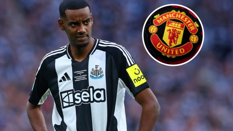 Alexander Isak of Newcastle United looks on during the Carabao Cup Final between Liverpool and Newcastle United at Wembley Stadium. Man United badge