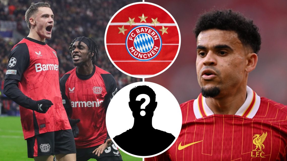 Luis Diaz (right) and Jeremie Frimpon and Florian Wirtz (left) and a mystery overlay with a Bayern Munich badge (centre)
