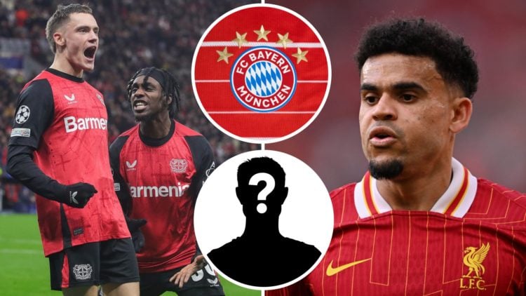 Luis Diaz (right) and Jeremie Frimpon and Florian Wirtz (left) and a mystery overlay with a Bayern Munich badge (centre)