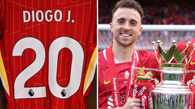The shirt of Liverpool striker Diogo Jota hangs in the dressing room ahead of the Premier League match against Leicester City at the King Power Sta...
