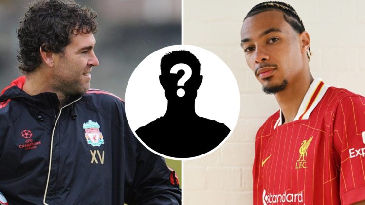 Xavi Valero of Liverpool (left) and Hugo Ekitike poses in Liverpool shoot (right) with a mystery player inset
