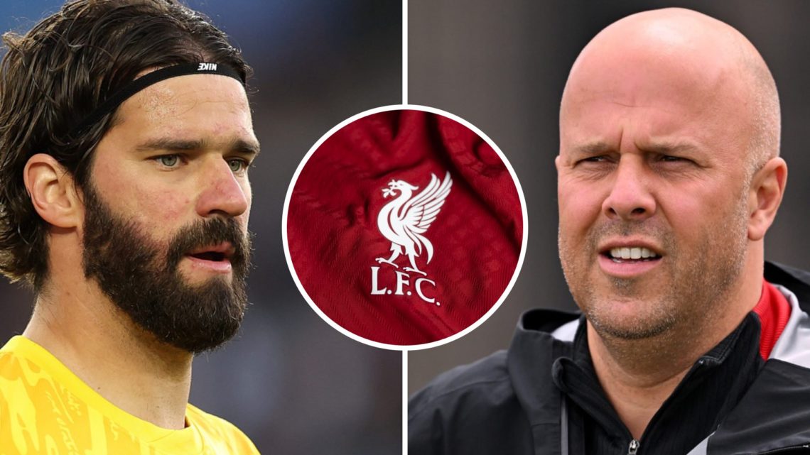 Arne Slot (right) looks on and Alisson (left) looks on, Liverpool badge (centre)