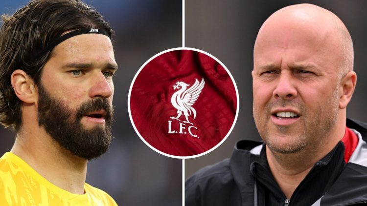 Arne Slot (right) looks on and Alisson (left) looks on, Liverpool badge (centre)